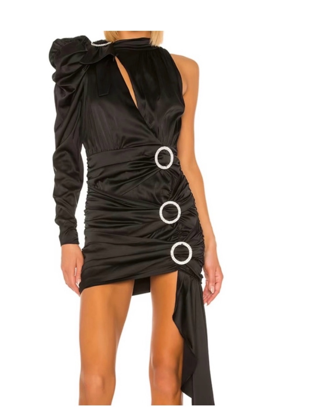 For Love & Lemons Black Asymmetric One-Shoulder Mini Dress with Crystal Rings